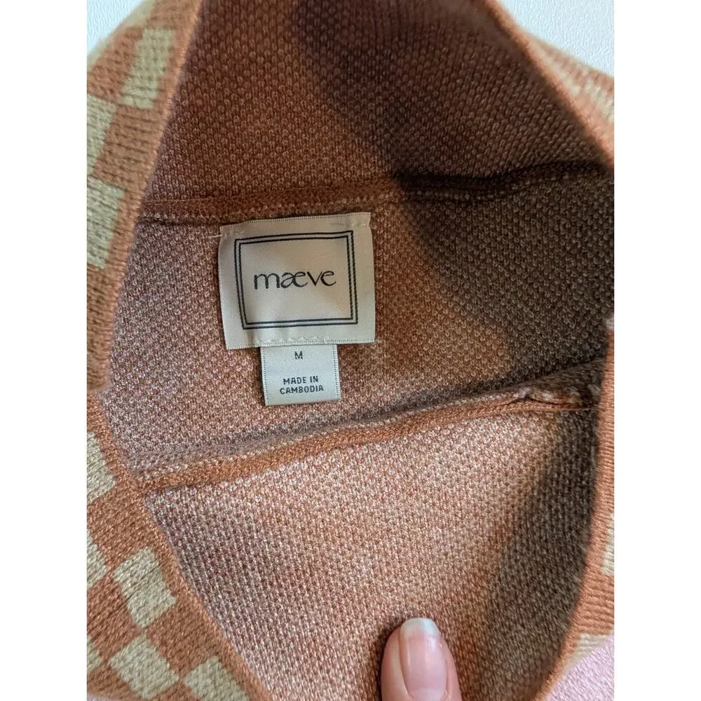 Anthropologie Maeve Carys Mock Neck Sweater Checkerboard Heart Tan & Pink M